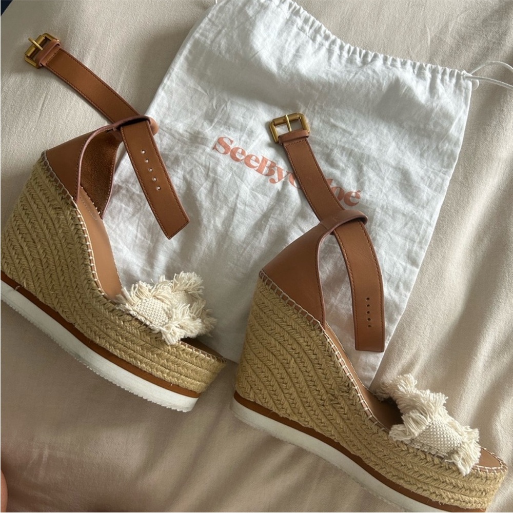 See By Chloe Brown and Cream Wedge Sandals